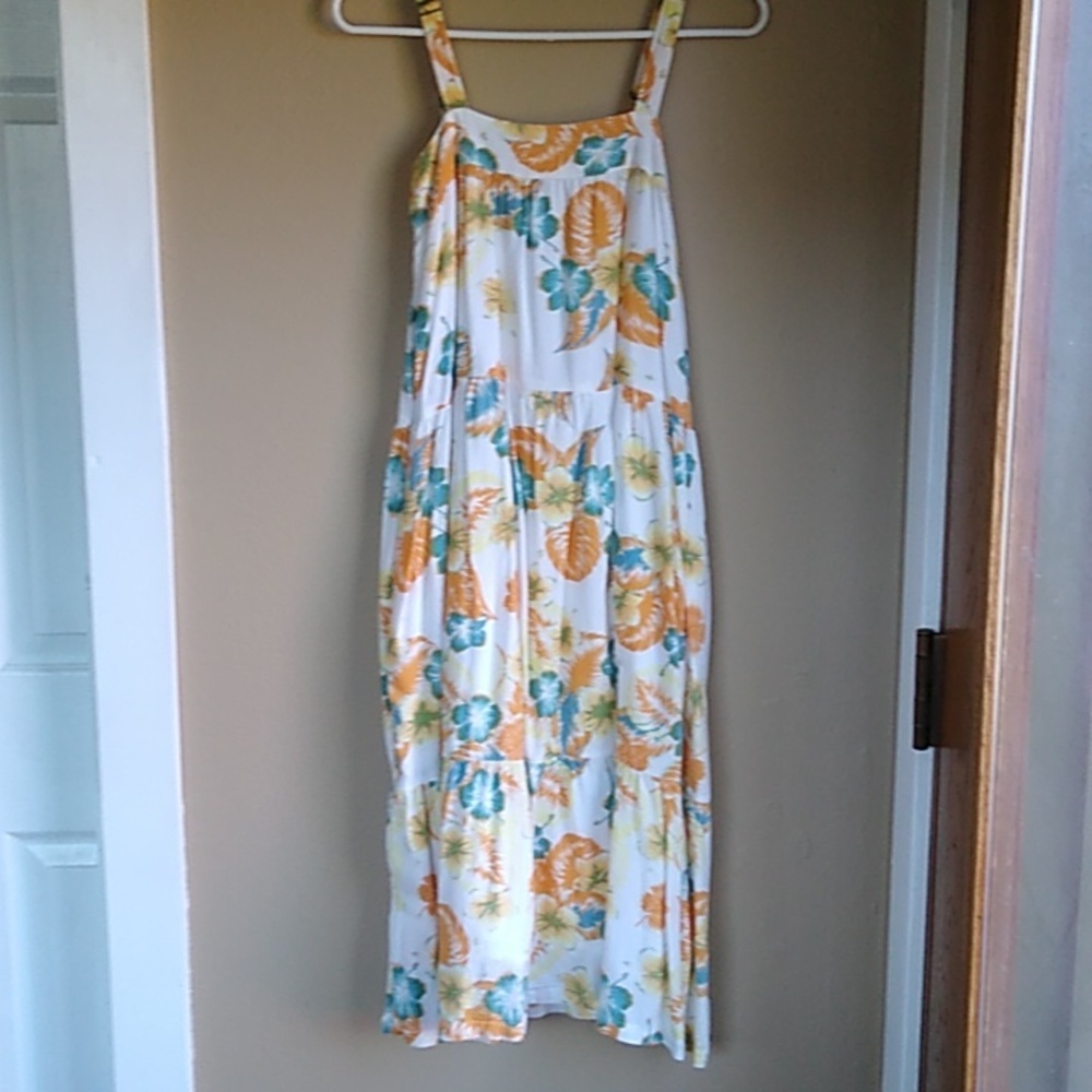 Roxy Tropical Boho Beachy Floral Midi Linen Dress Size XS